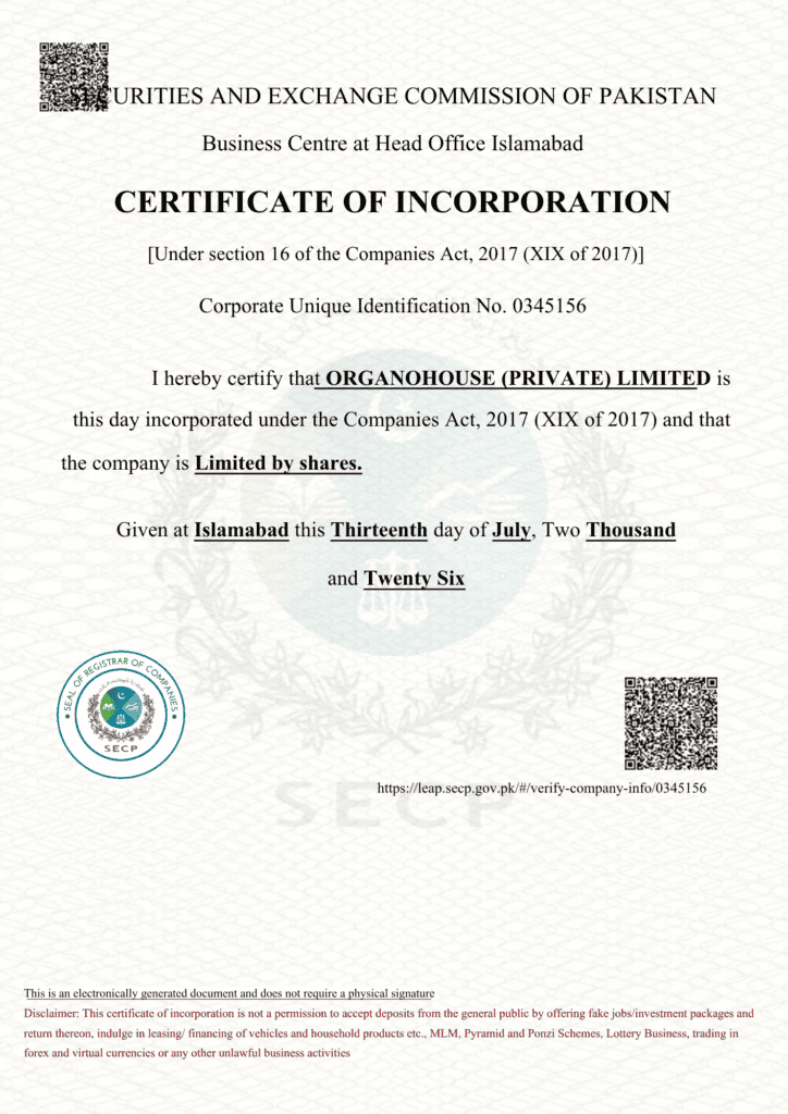 organo house certificate